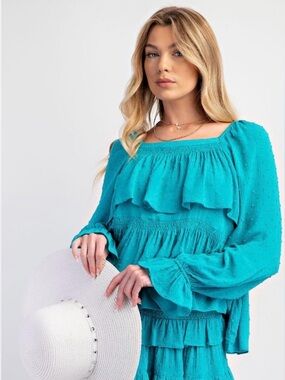 NEW! EASEL Pom Pom Gauze Ruffled Top in Turquoise